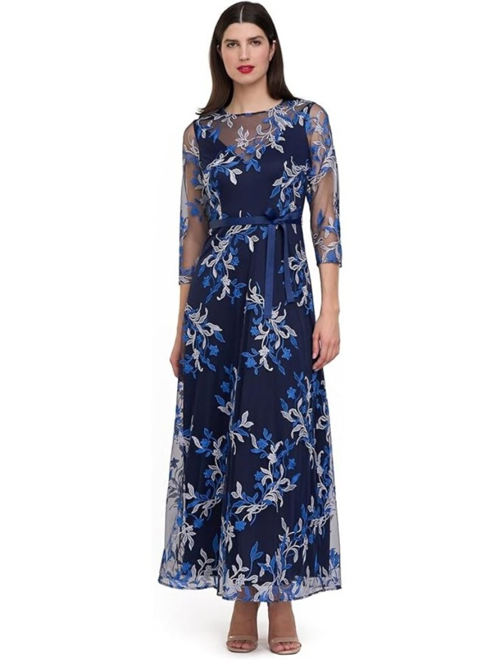 JS Collections Stefania Floral Embroidered Sheer Sleeves Gown Dress Size 8 NWT